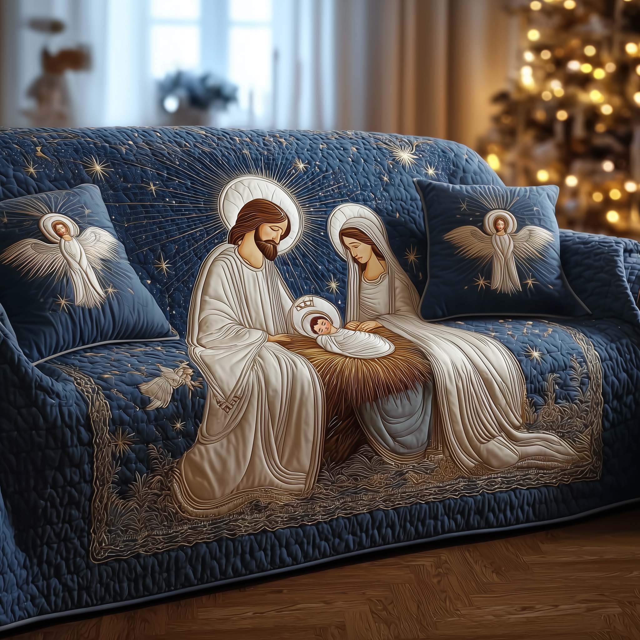 Nativity Peace Quilted Sofa Cover Birth of Jesus Scene Nativity Scene Home Interior