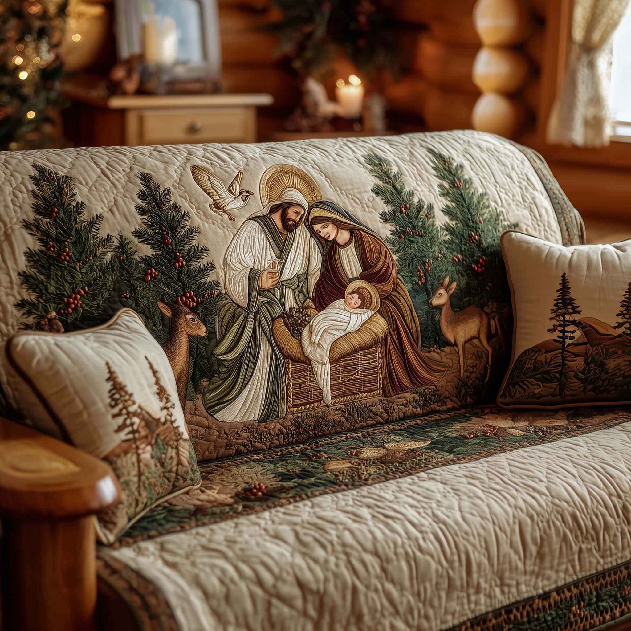 Nativity Peace Quilted Sofa Cover Christian Meaningful Decor Christmas Gifts Ideas