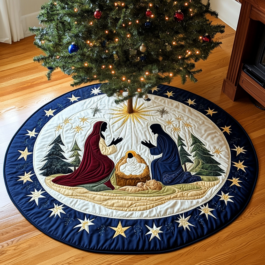 Nativity Quilted Christmas Tree Skirt Charming Tree Skirt for Family Gatherings