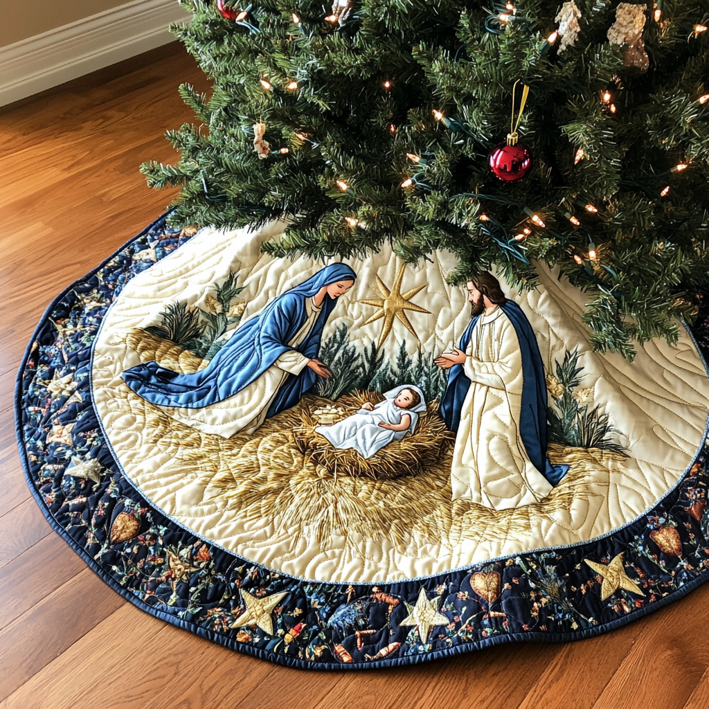 Nativity Radiance Christmas Quilted Tree Skirt Charming Tree Skirt for Family Gatherings