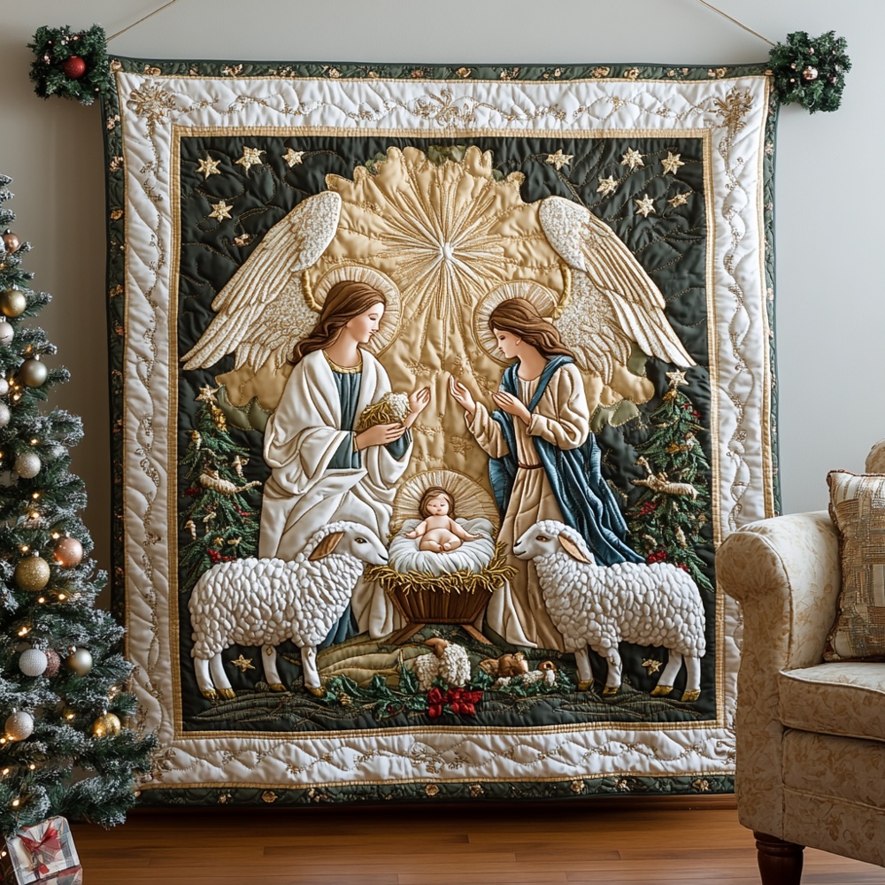 Nativity Scene Angel Blessing Quilted Blanket Christmas Religious Throw Best Gift For Christian Family