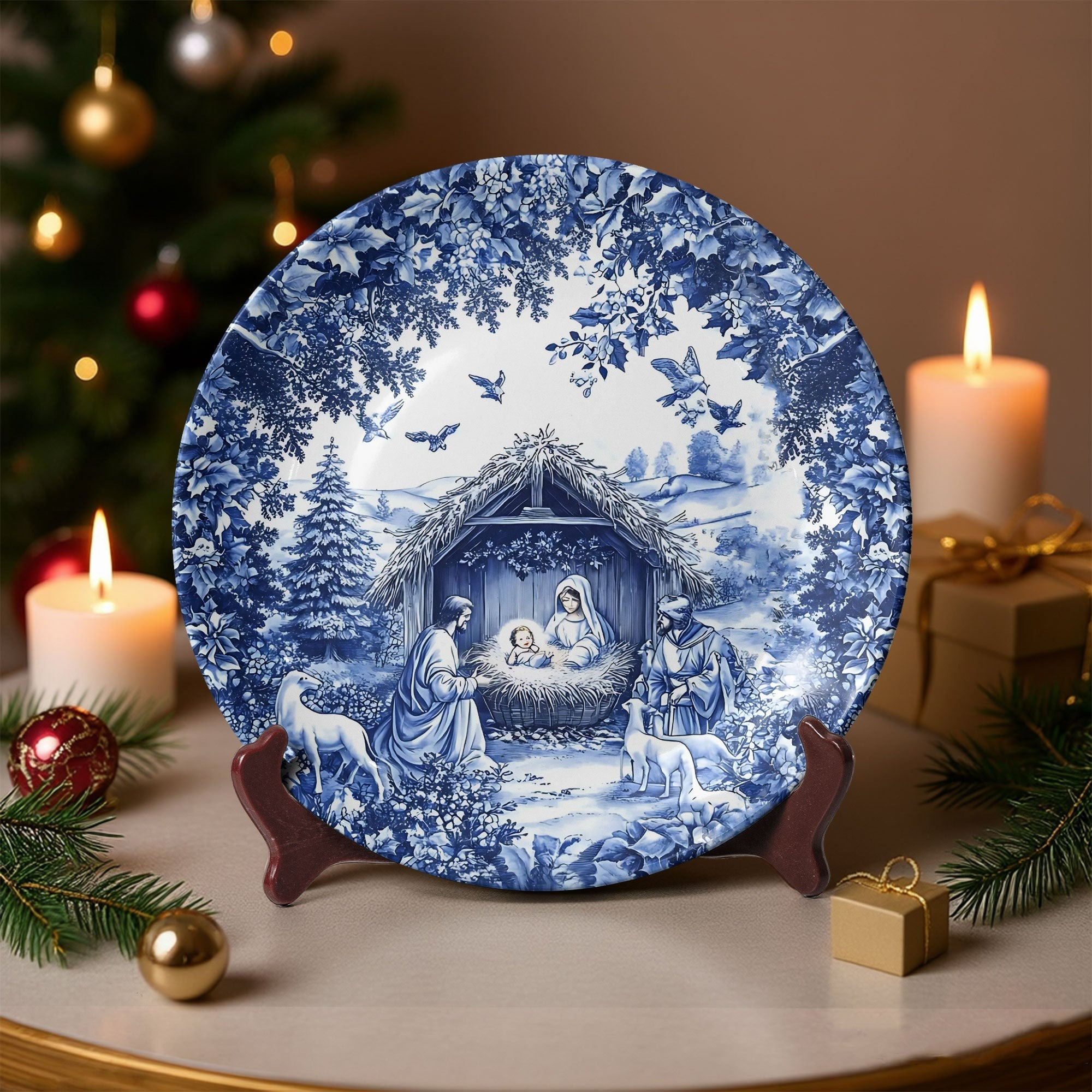 Nativity Scene Ceramic Plate Blue Christian Home Decor Gifts For Christmas