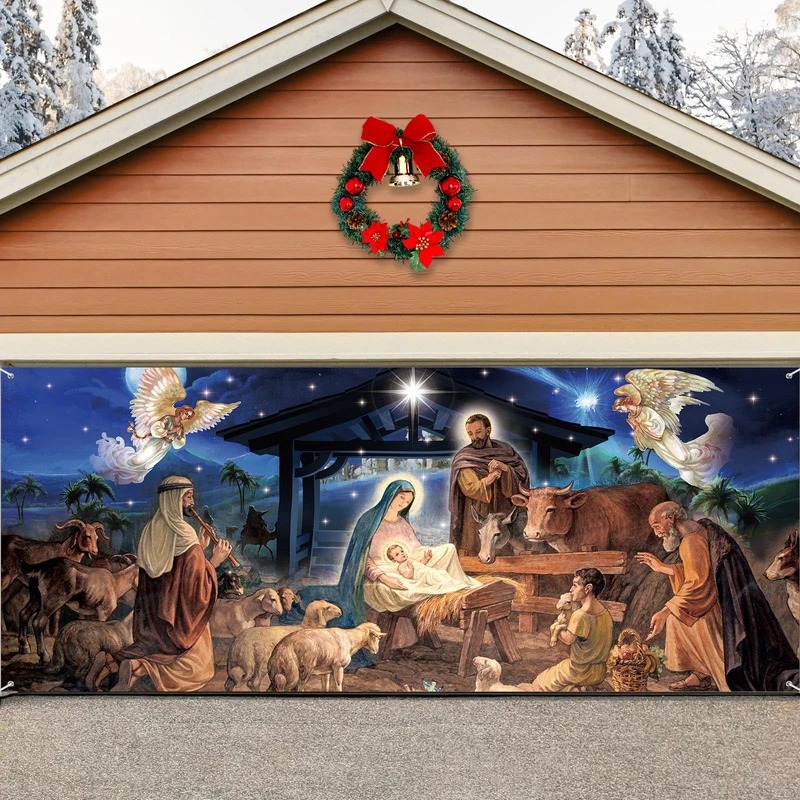 Nativity Scene Christmas Garage Door Cover Winter Outside Decoration Gifts For Christians