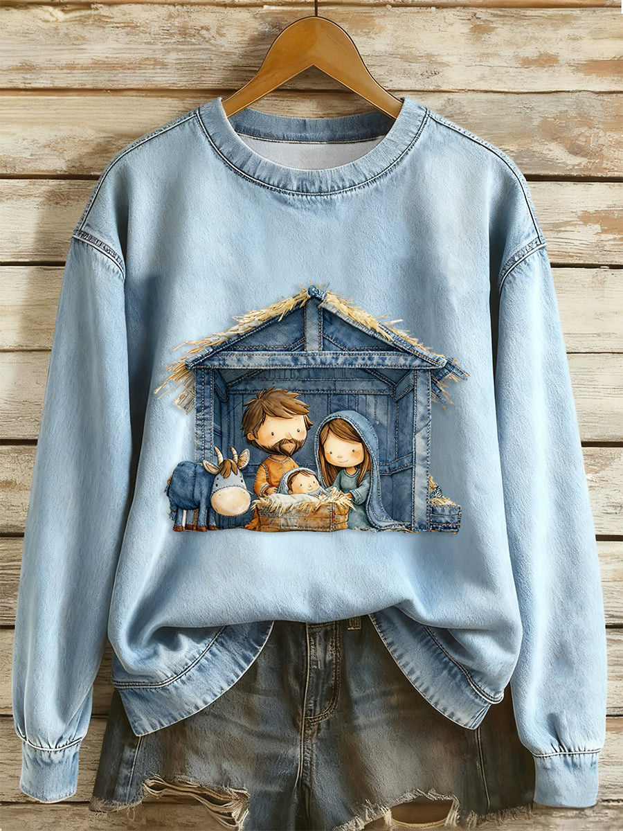 Nativity Scene Denim Sweatshirt Christian Christmas Pullover Gift For Her