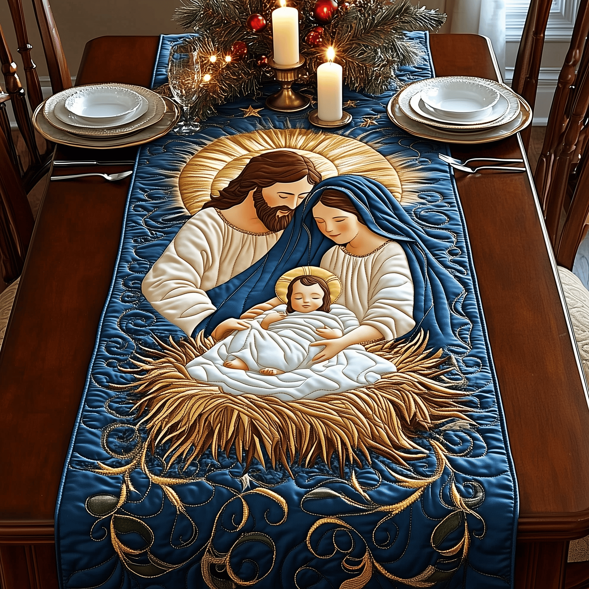 Nativity Scene Quilted Table Runner Faith Christian Indoor Faith Christmas Decorations