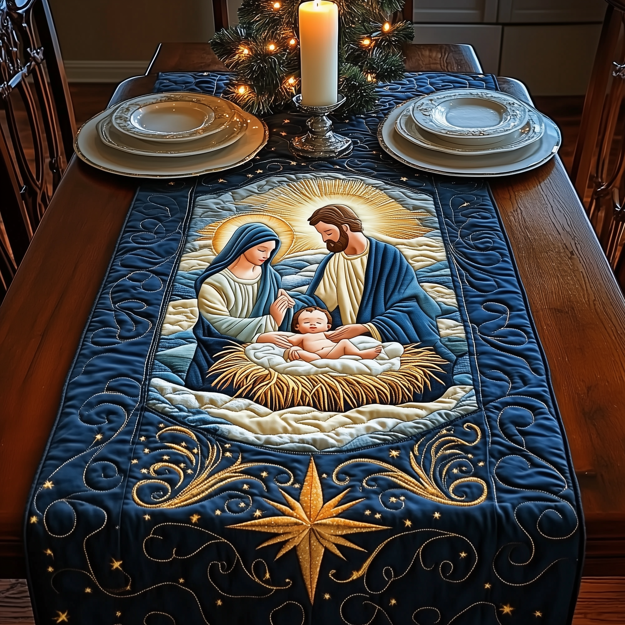 Nativity Scene Quilted Table Runner Holiday Dining Christmas Table Runner Home Decorations