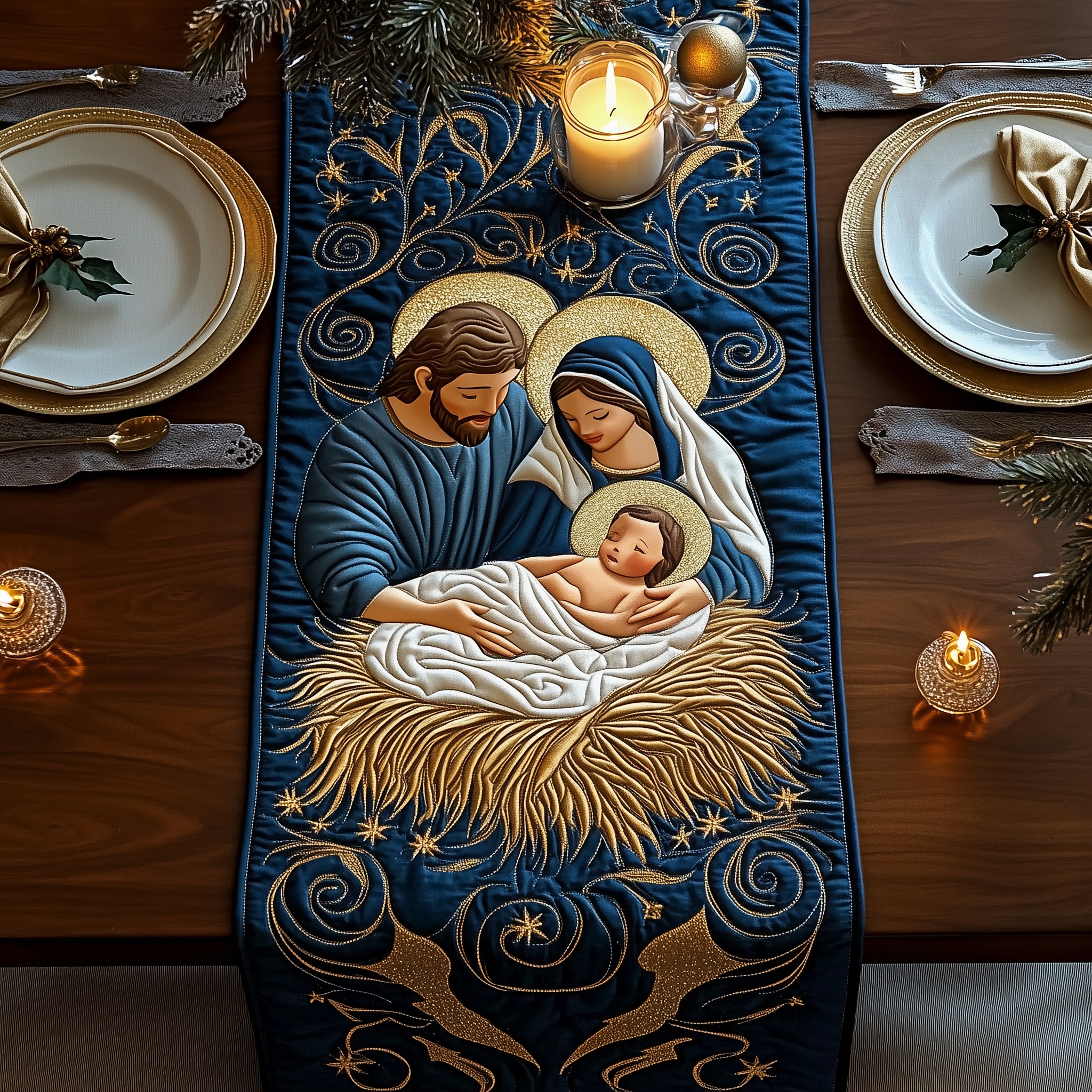 Nativity Scene Quilted Table Runner Rustic Kitchen Dining Decor Gift For Cozy Family Home