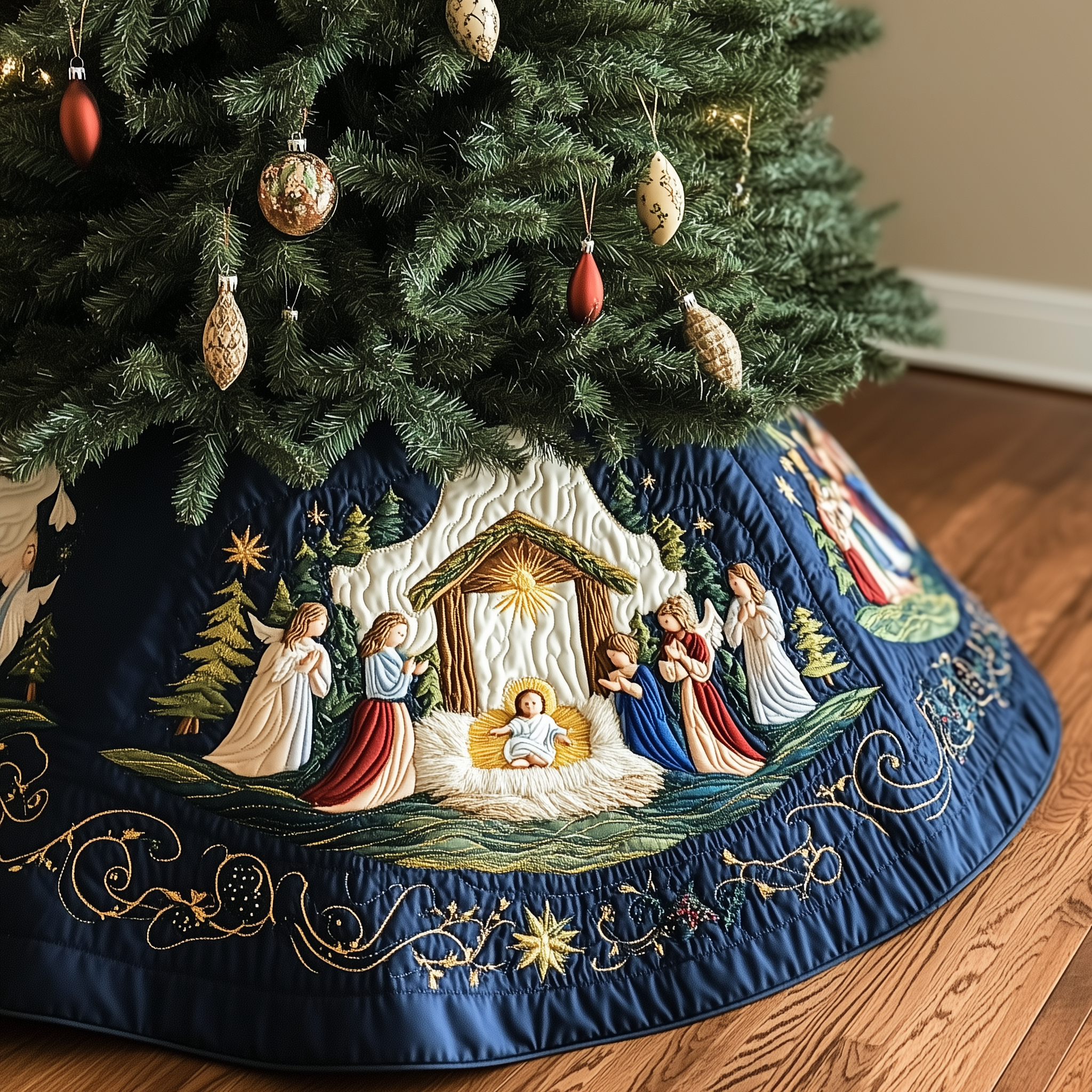 Nativity Scene Quilted Tree Skirt Charming Holiday Home Merch