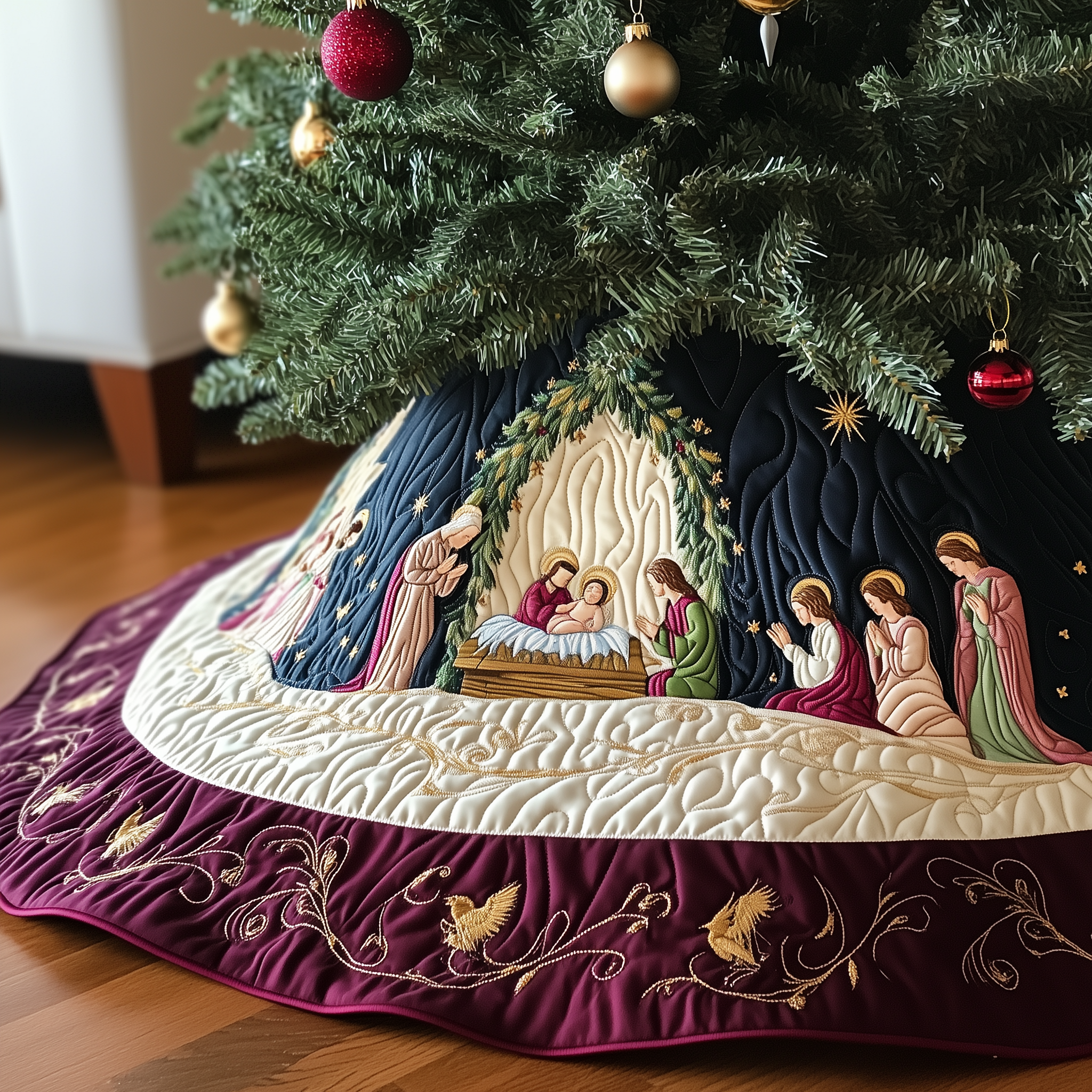 Nativity Scene Quilted Tree Skirt Cozy Home Decor Gift Merch
