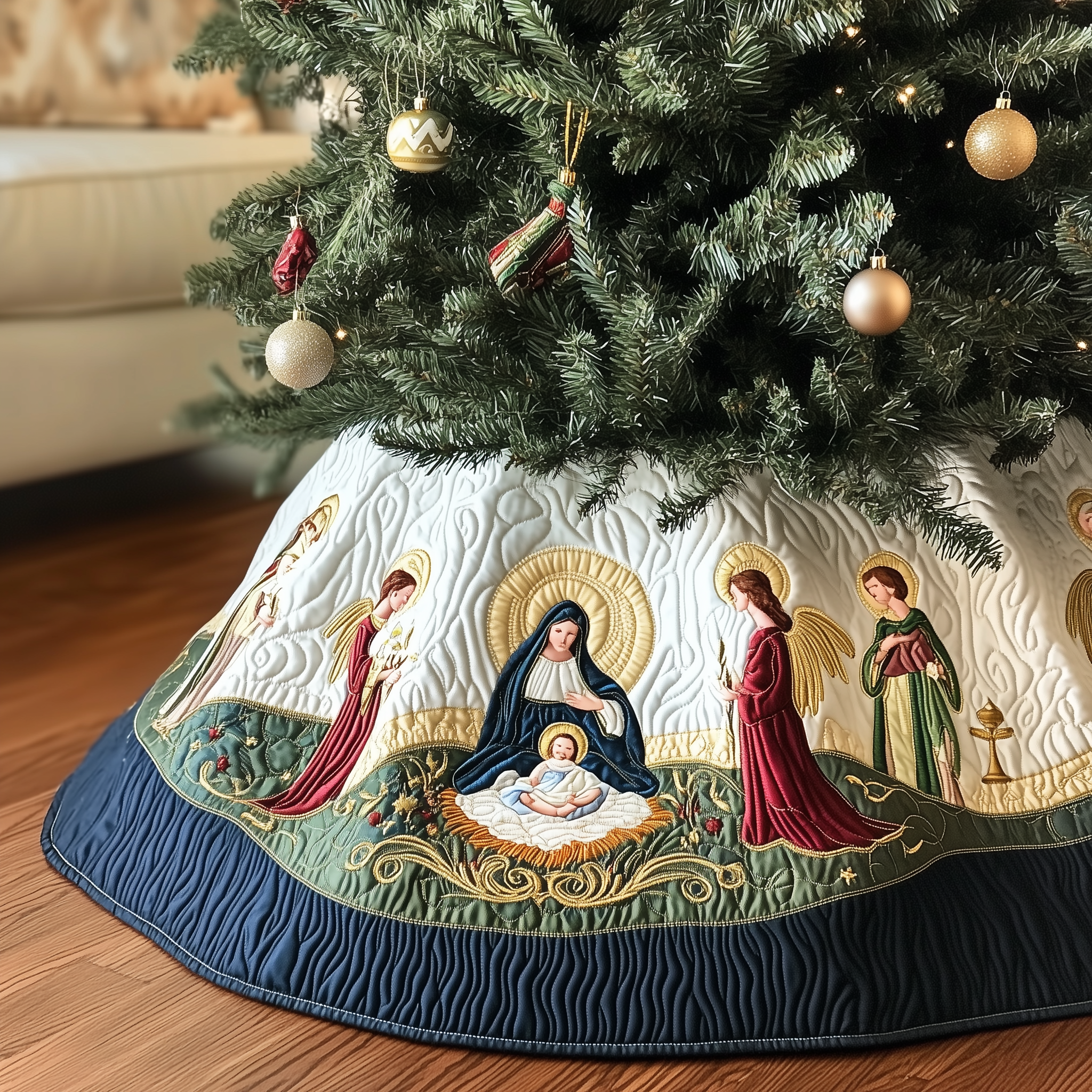 Nativity Scene Quilted Tree Skirt Festive Living Room Merch