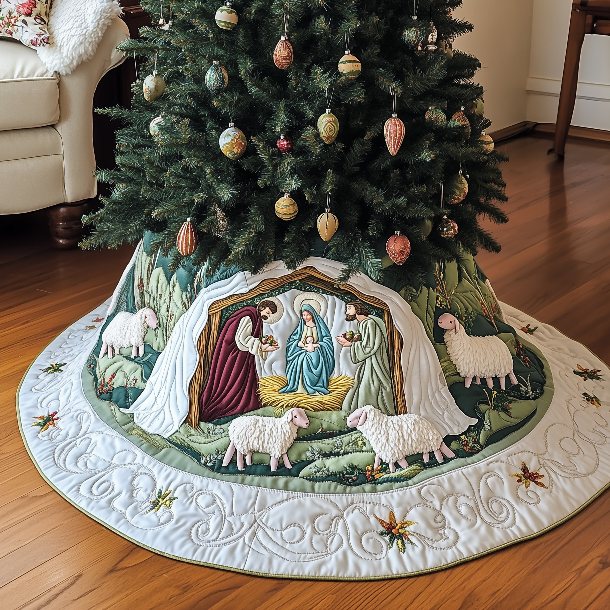 Nativity Scene Quilted Tree Skirt Good Faith Based Ideas Gifts For Family Decoration Xmas