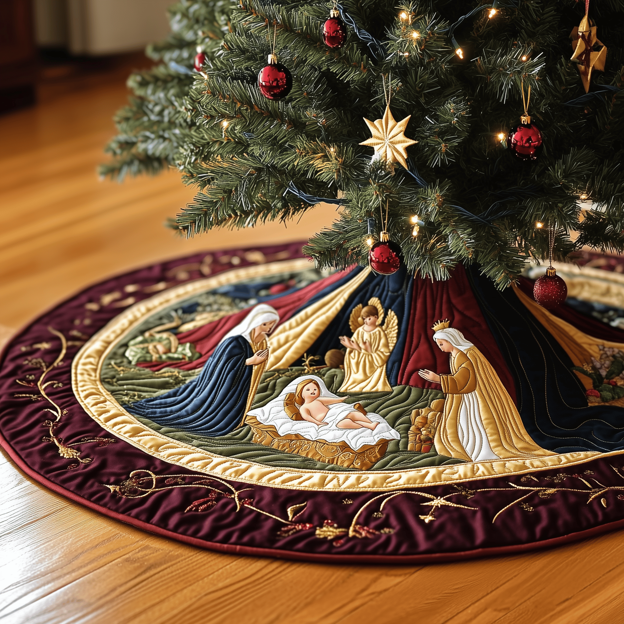 Nativity Scene Quilted Tree Skirt Indoor Xmas Tree Decorations Nativity Scene Home Decorations