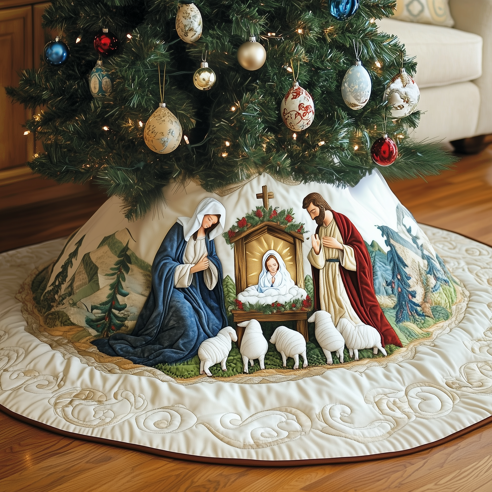 Nativity Scene Quilted Tree Skirt Joyful Holiday Season Gift Merch(1)