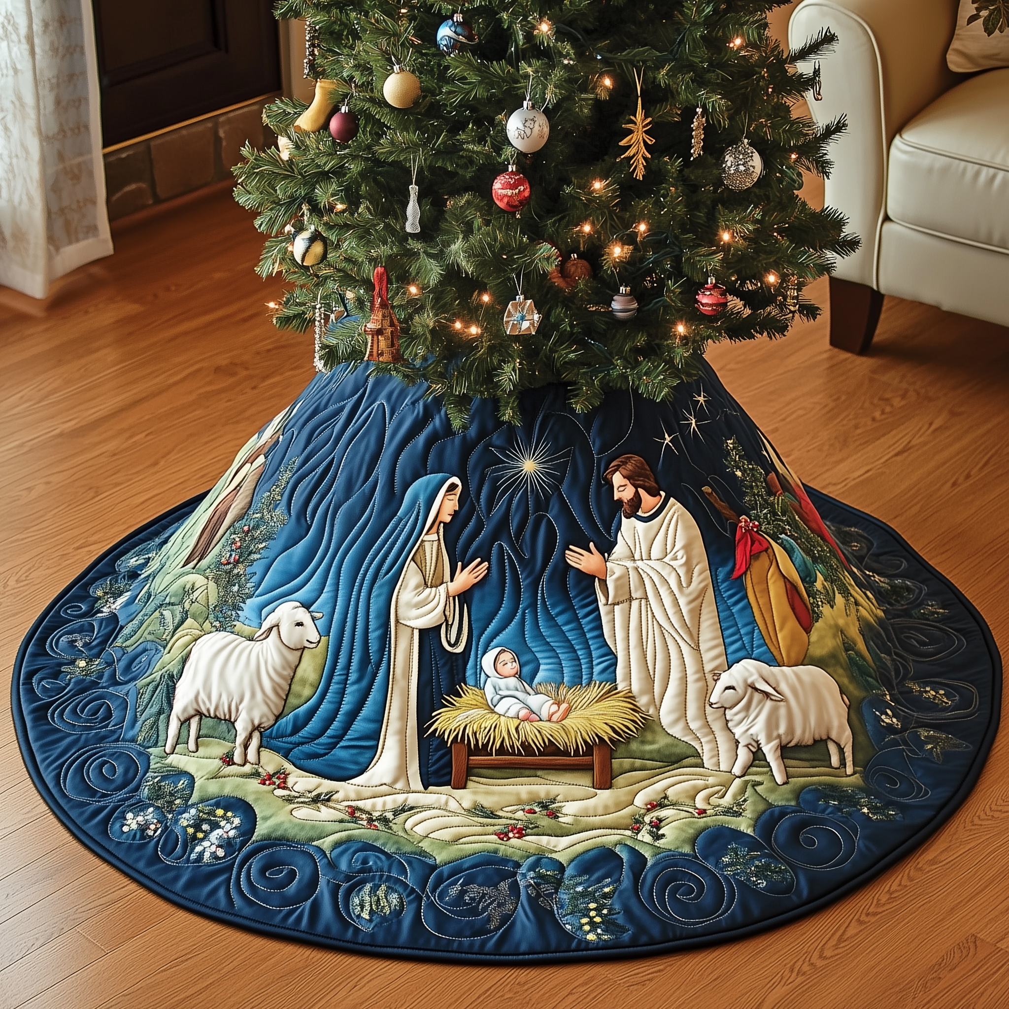 Nativity Scene Quilted Tree Skirt Joyful Holiday Season Gift Merch