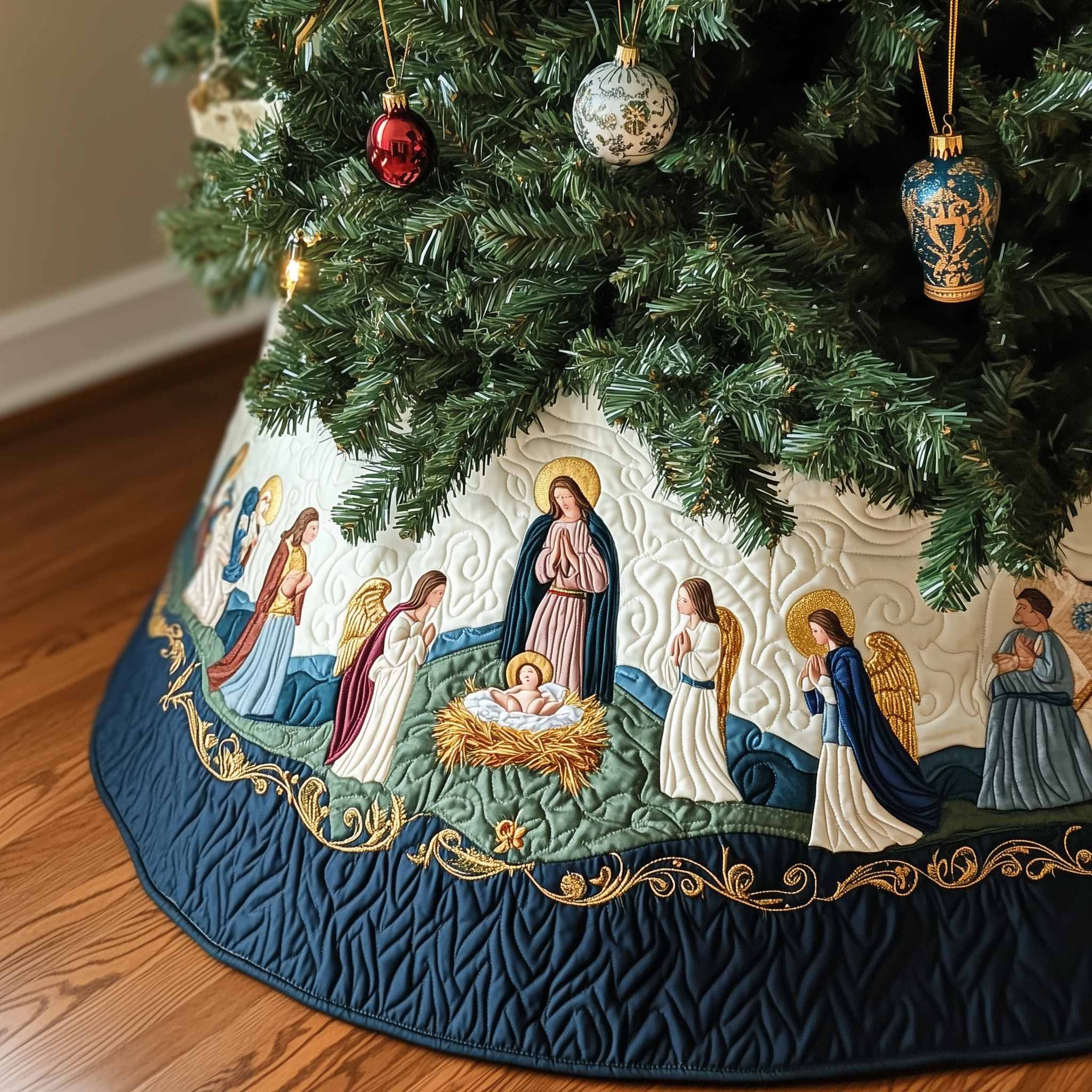 Nativity Scene Quilted Tree Skirt Magical Christmas Spirit Merch