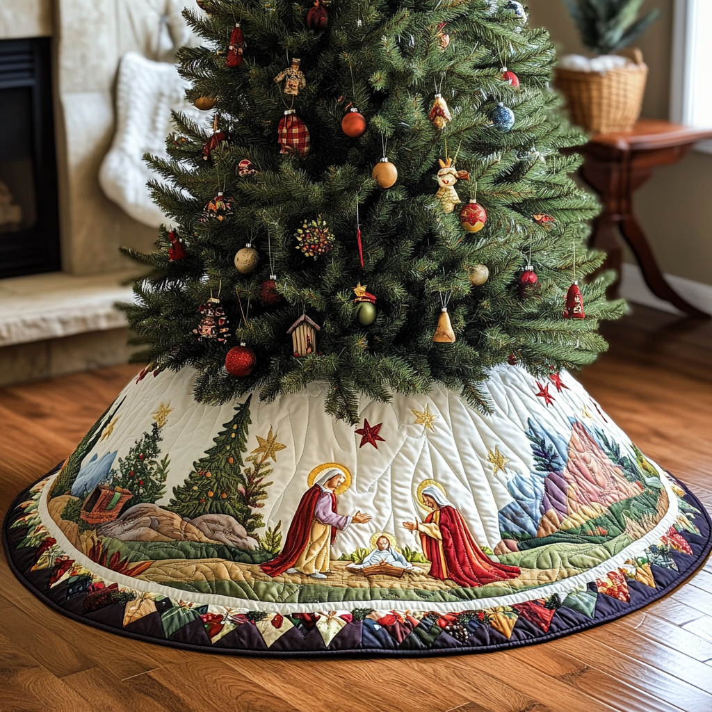 Nativity Scene Quilted Tree Skirt Nativity Scene Christmas Decorations Tree Base Cover Indoor Christian Gifts