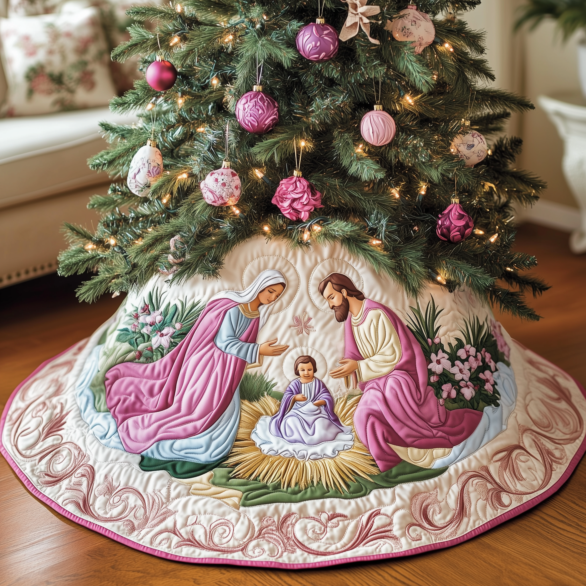 Nativity Scene Quilted Tree Skirt Perfect Gift Merch For Her