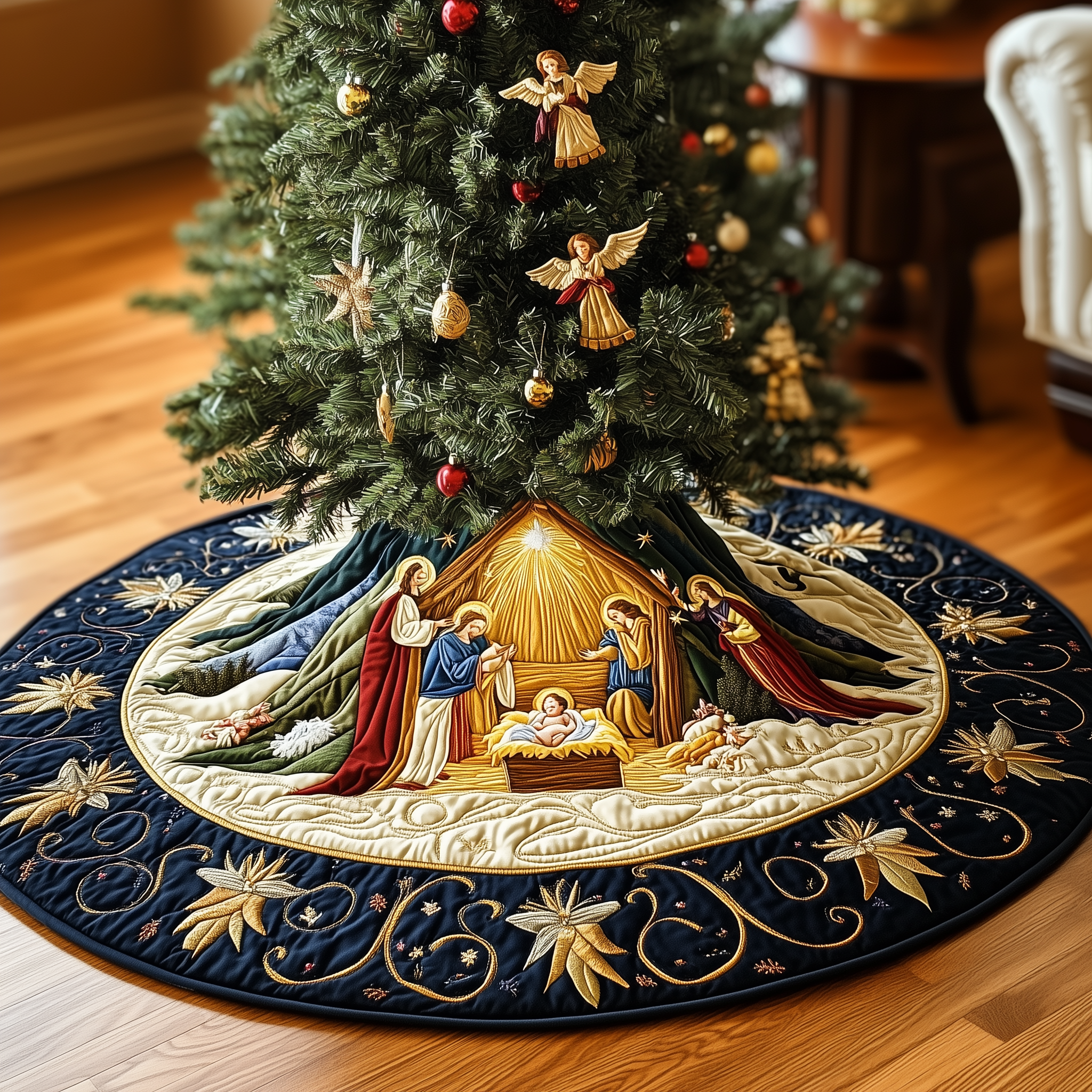 Nativity Scene Quilted Tree Skirt Xmas Tree Decoration Jesus Christmas Tree Skirt Christian Gifts