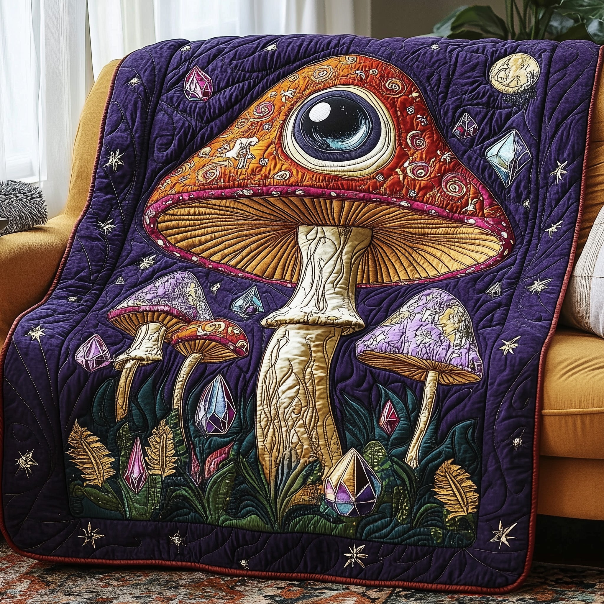 Natural Eye Opens Quilted Blanket Merchandise Throw BlanketMushroom Related Gifts