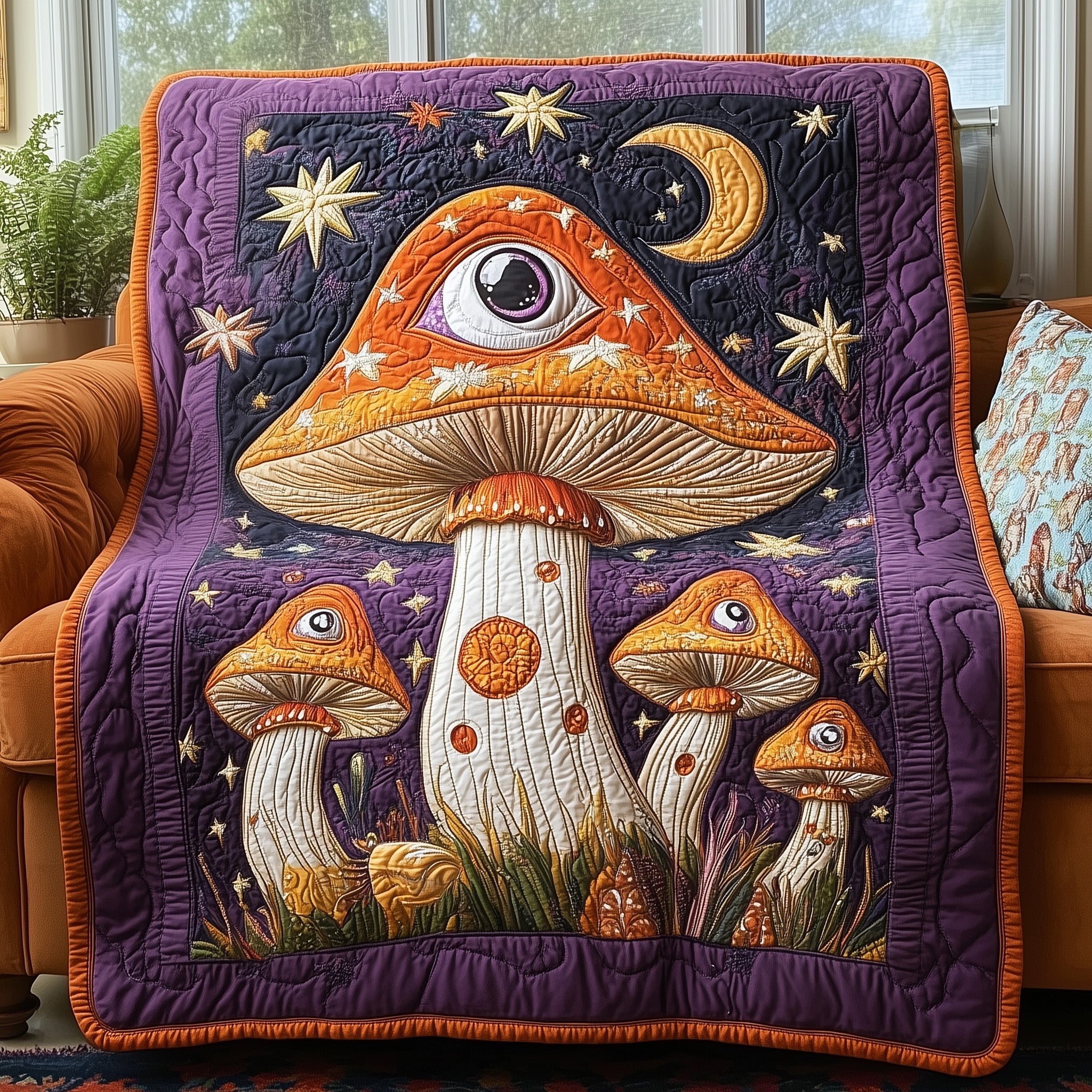 Natural Eye Opens Quilted Blanket Merchandise Throw BlanketUnique Mushroom Gifts