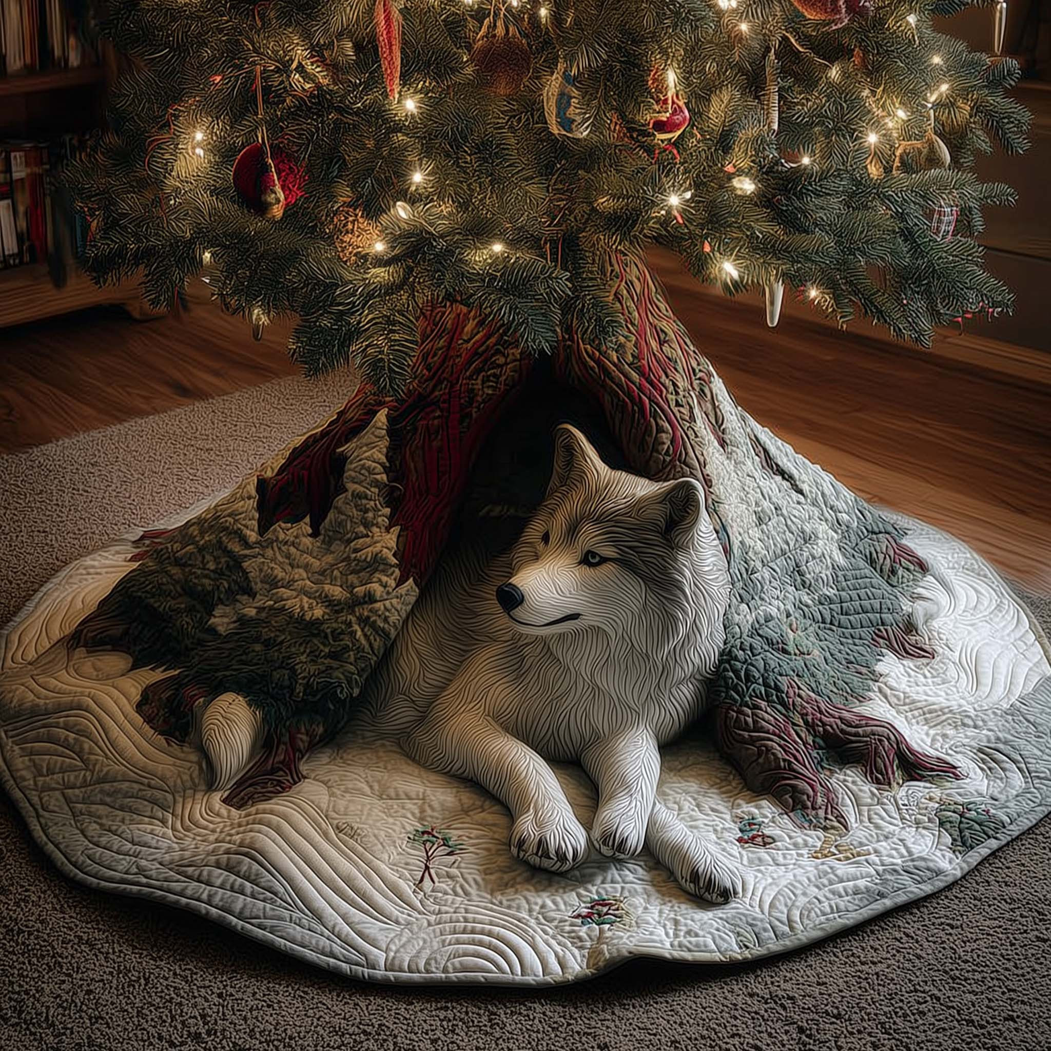 Natural Winter Wolf Quilted Tree Skirt Xmas Home Decor Christmas Gift For Wolf Lover