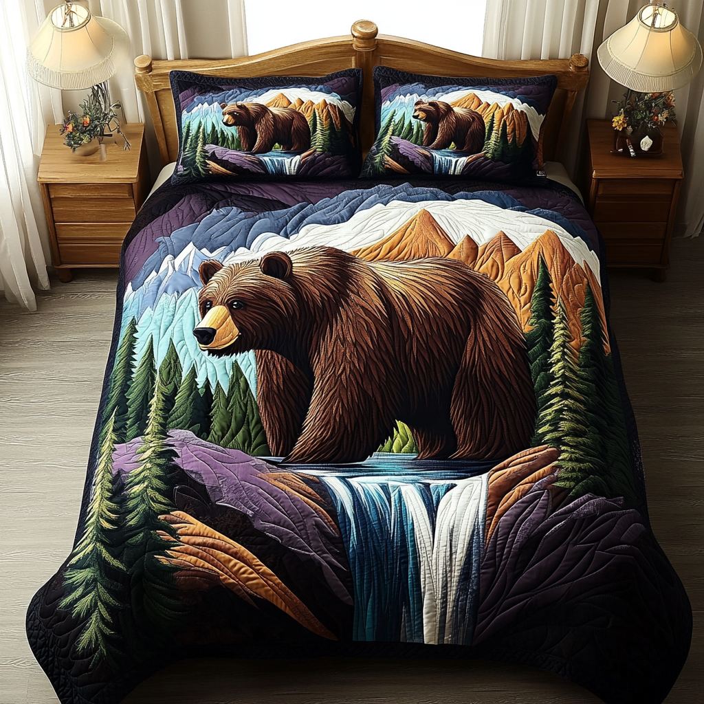 Nature Bear Quilted Bedding Set Bed Decor Best Gifts For Wildlife Lovers
