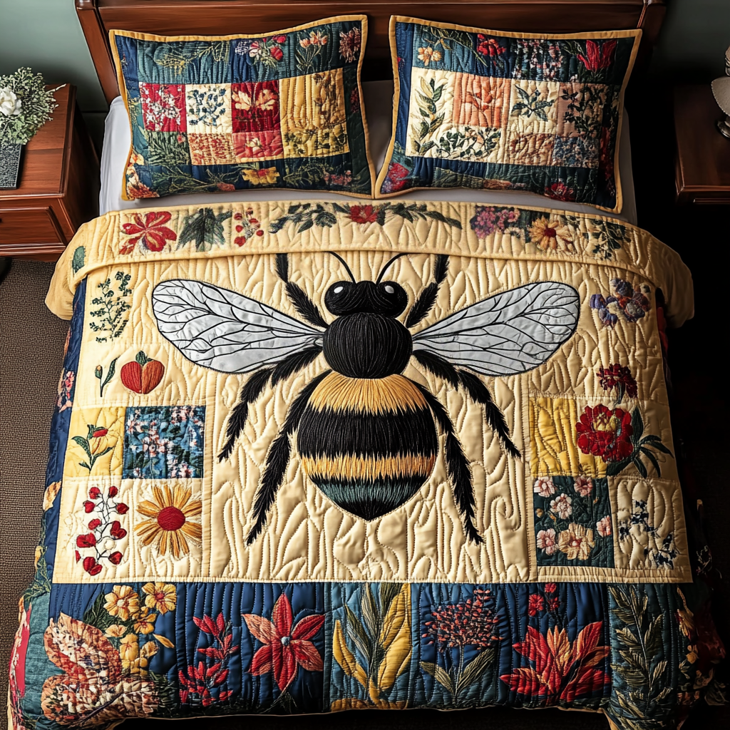 Nature Bee Quilted Bedding Set Christmas Duvet Cover Bumblebee Gifts For Her