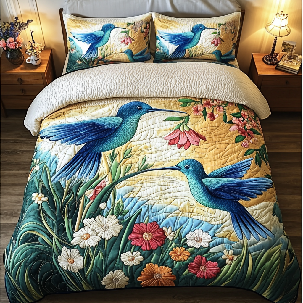Nature Bliss Quilted Bedding Set Cozy Bedroom Decor Best Gifts For Hummingbird Lovers