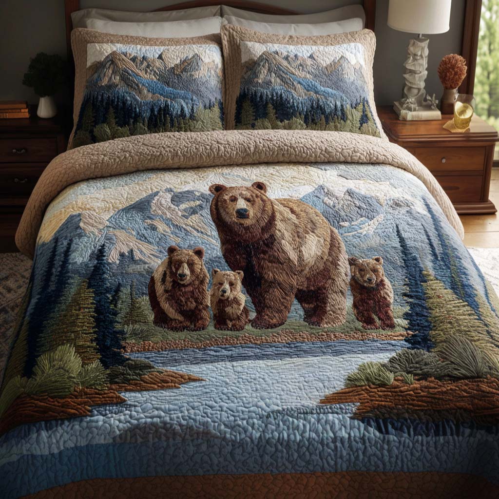 Nature Bond Quilted Bedding Set Aesthetic Room Decor Bear Gifts For Him