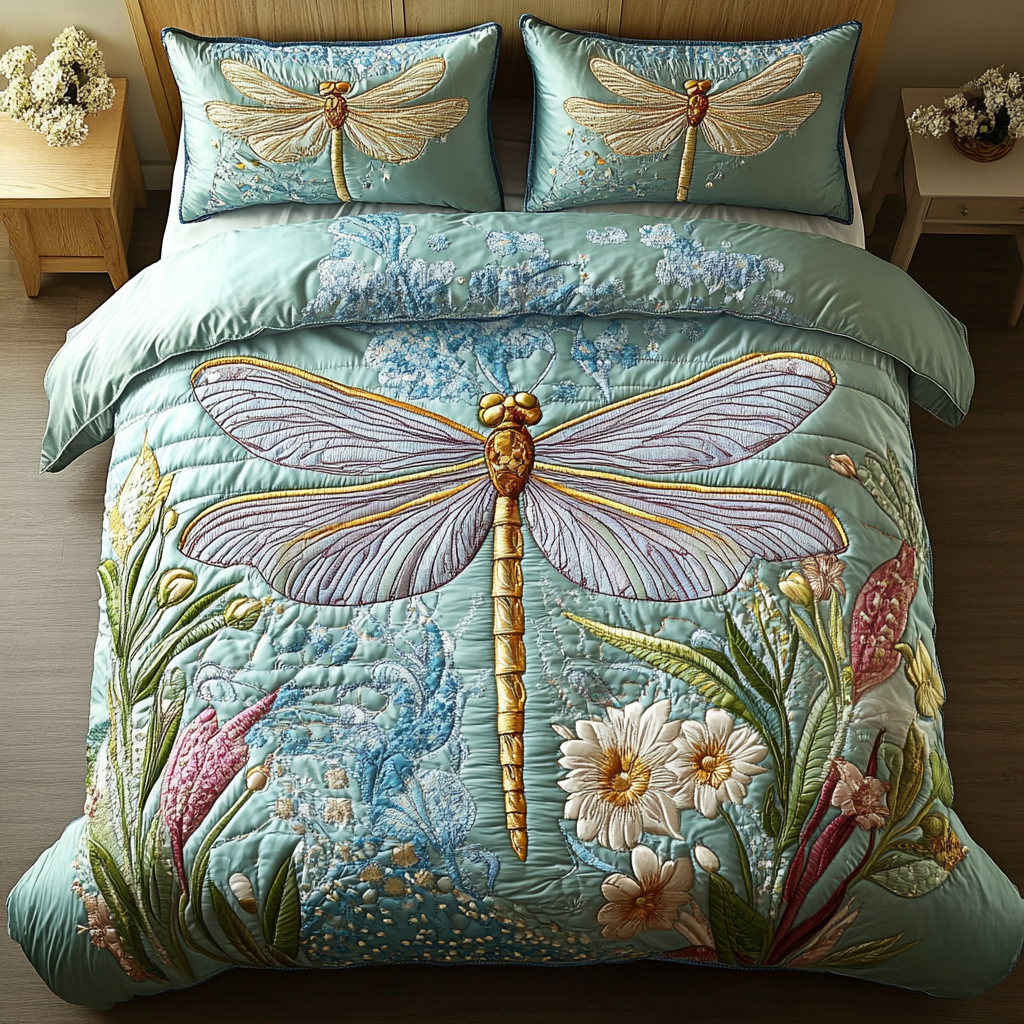 Nature Glide Quilted Bedding Set Aesthetic Room Decor Gift For Someone Who Loves Dragonflies