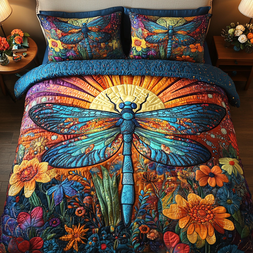 Nature Glimmer Quilted Bedding Set Holiday Duvet Cover Set Unique Dragonfly Gifts