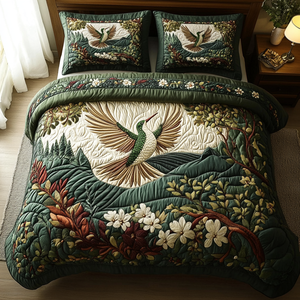 Nature Grace Quilted Bedding Set Bed Decor Hummingbird Gifts For Sisters