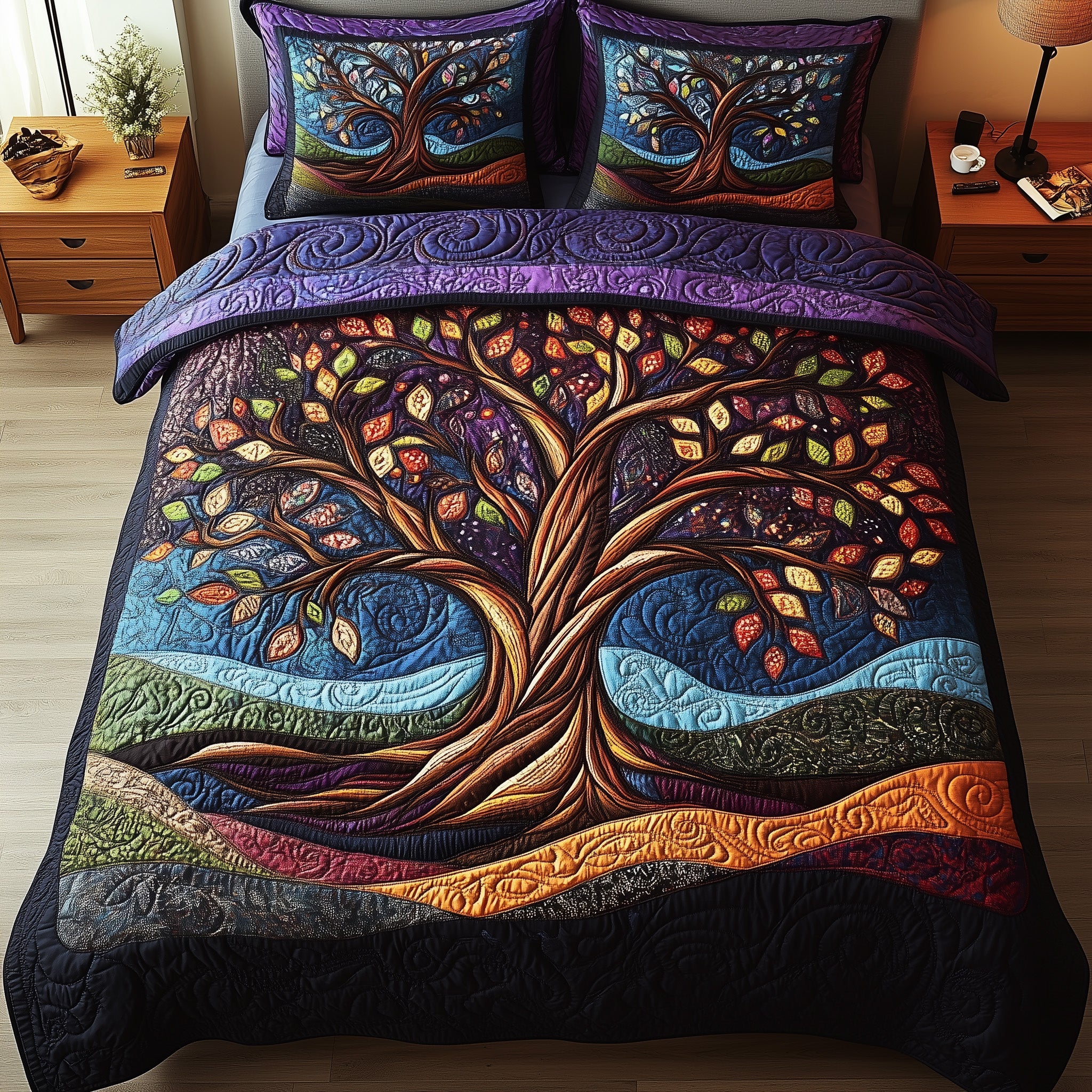 Nature Harmony Quilted Bedding Set  Bedspread Tree Of Life Christmas Celtic Gifts For Her