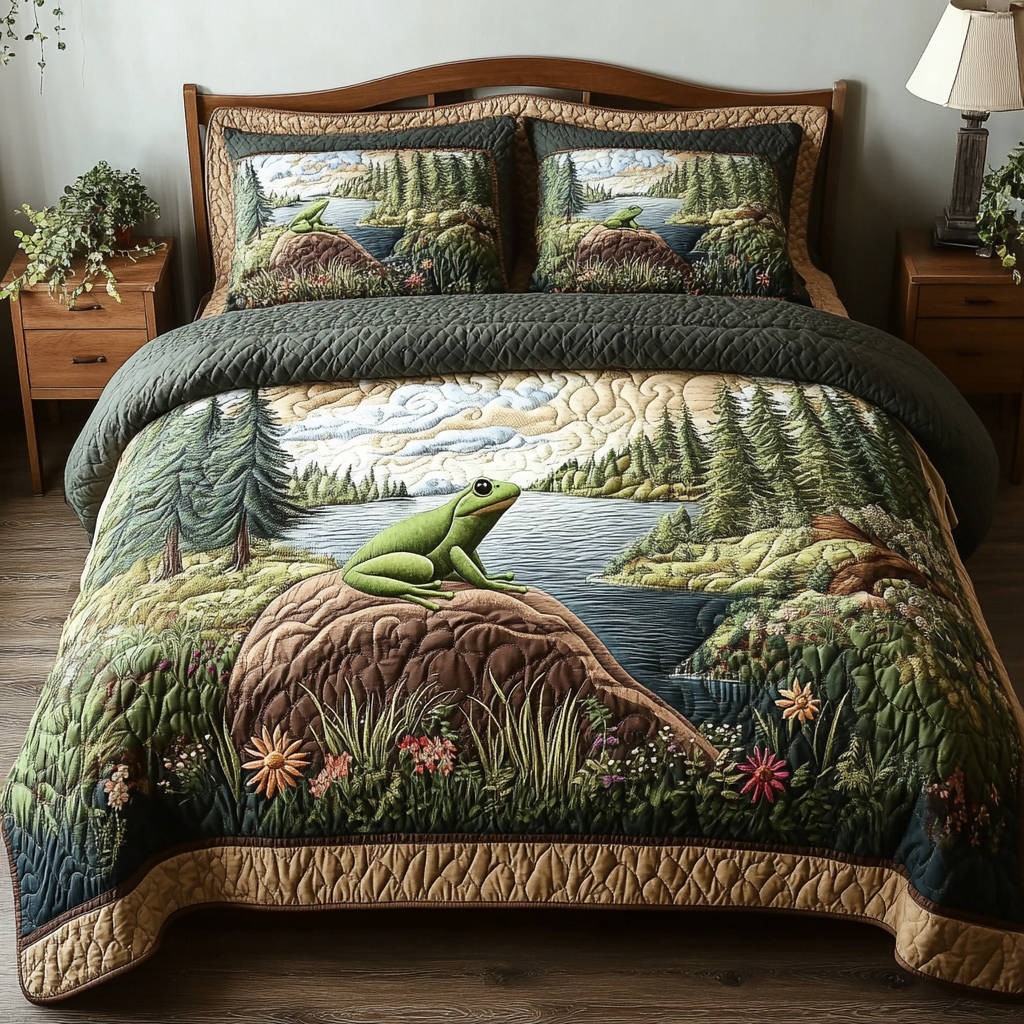 Nature Nap Quilted Bedding Set Aesthetic Room Decor Gift For Frog Lover