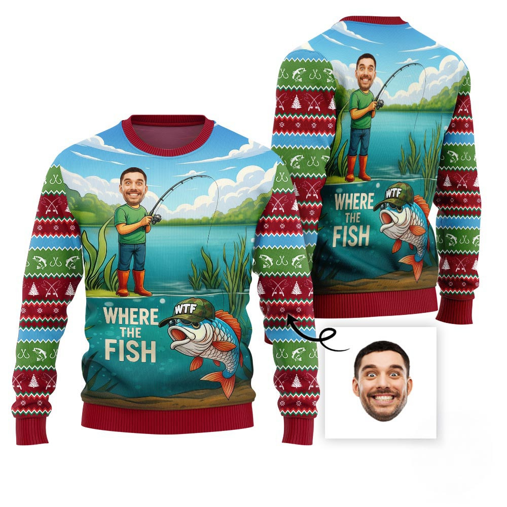Naughty Custom Face Fishing Ugly Christmas Sweater For Men
