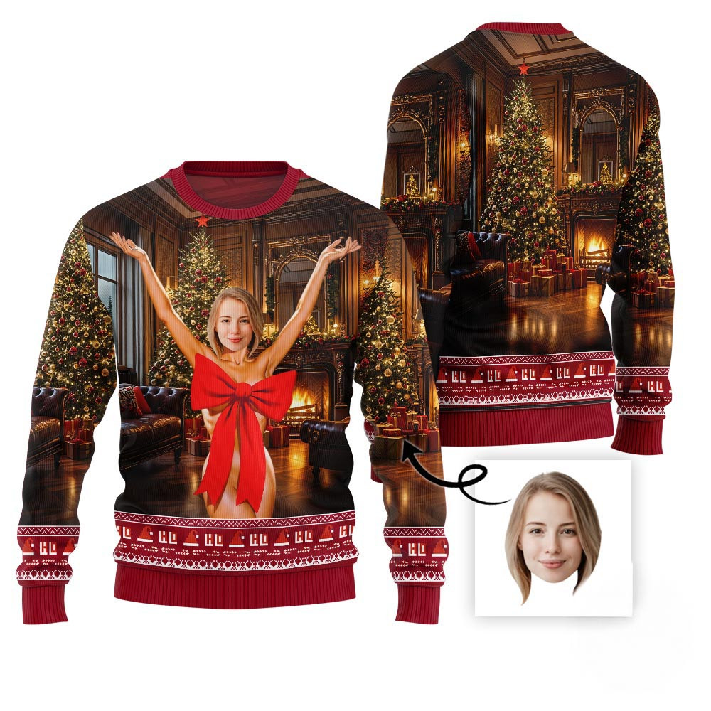 Naughty Gift Bow Custom Face Ugly Xmas Sweater Unique Christmas Gifts For Adults