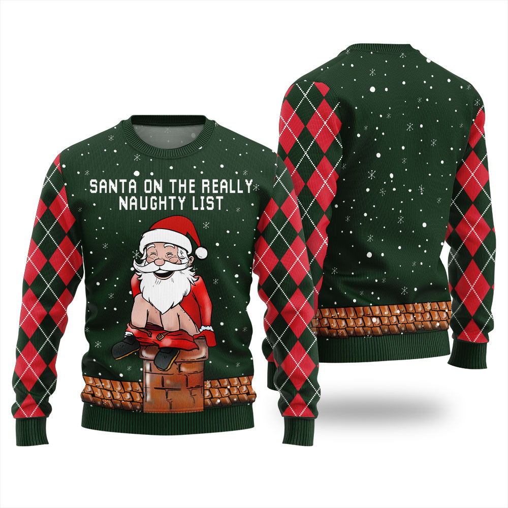 Naughty Santa On Rooftop Mens Ugly Christmas Sweater Lovely Christmas Sweater Gift for Mom or Grandma