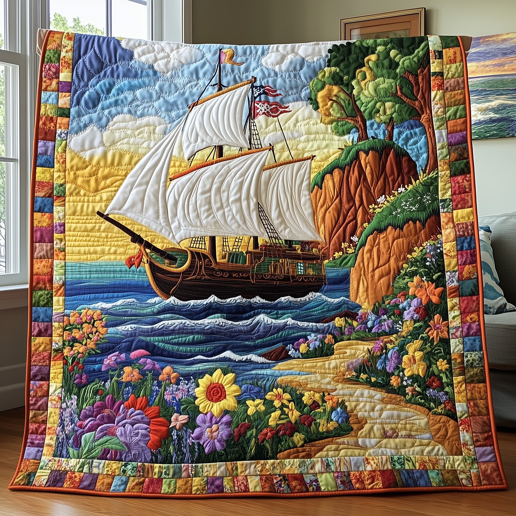 Nautical Adventure Quilted Blanket Merchandise Throw BlanketOcean Ship Theme Gift Ideas