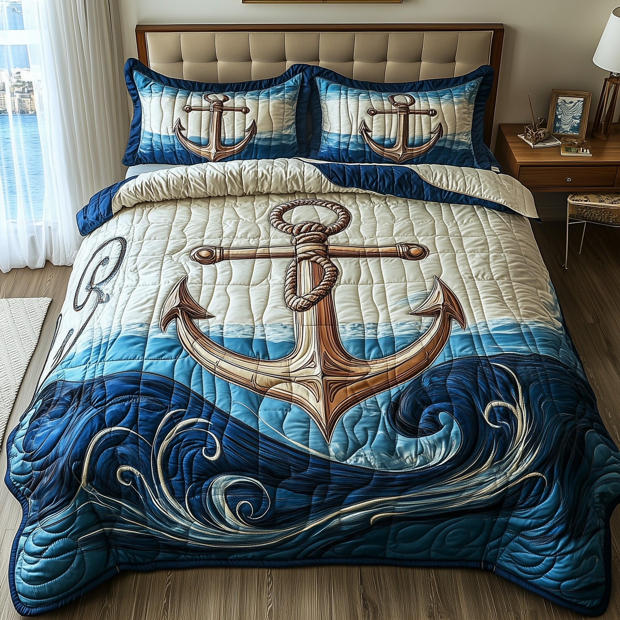 Nautical Anchor Quilted Bedding Set Maritime Decor Bedding Ideas Gifts For Navy Lovers