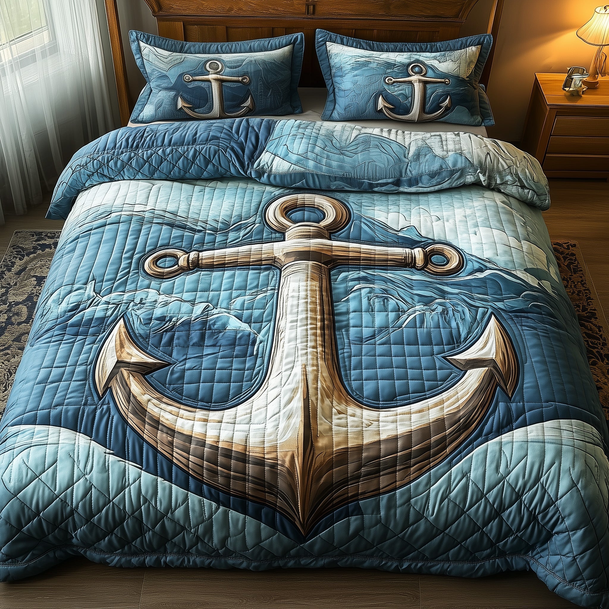 Nautical Anchor Quilted Bedding Set Maritime Design Holiday Sea Lover Bedding Gift