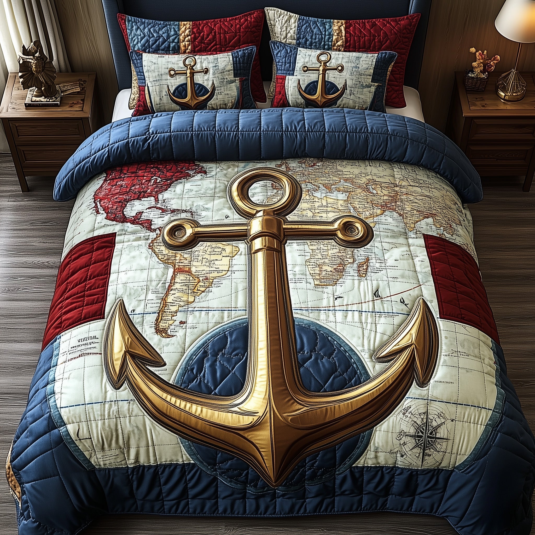 Nautical Anchor Quilted Bedding Set Navy Anchor Quilt Cover Unique Bedding Gifts