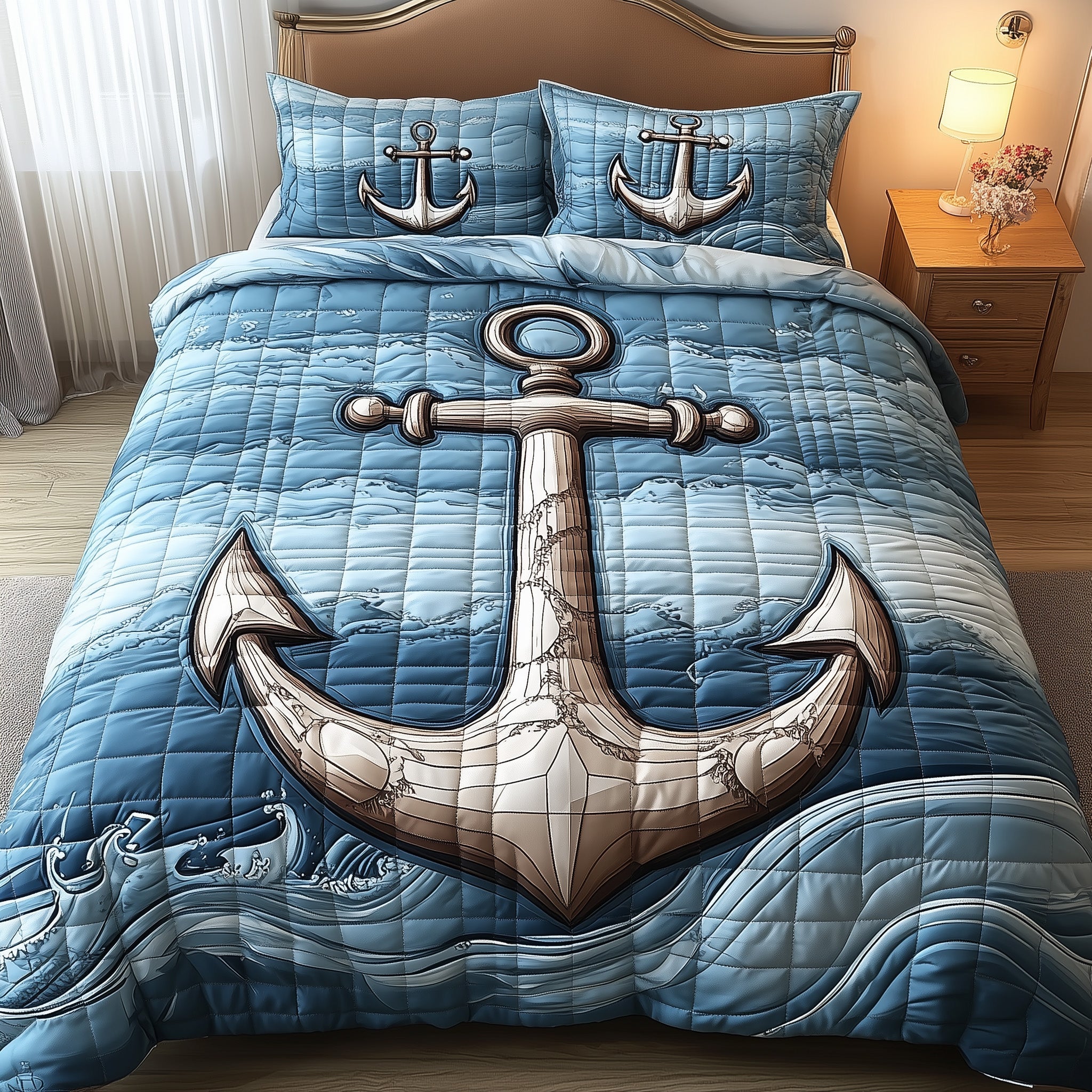 Nautical Anchor Quilted Bedding Set Ocean-Themed Illustration Holiday Sea Lover Bedding Gift