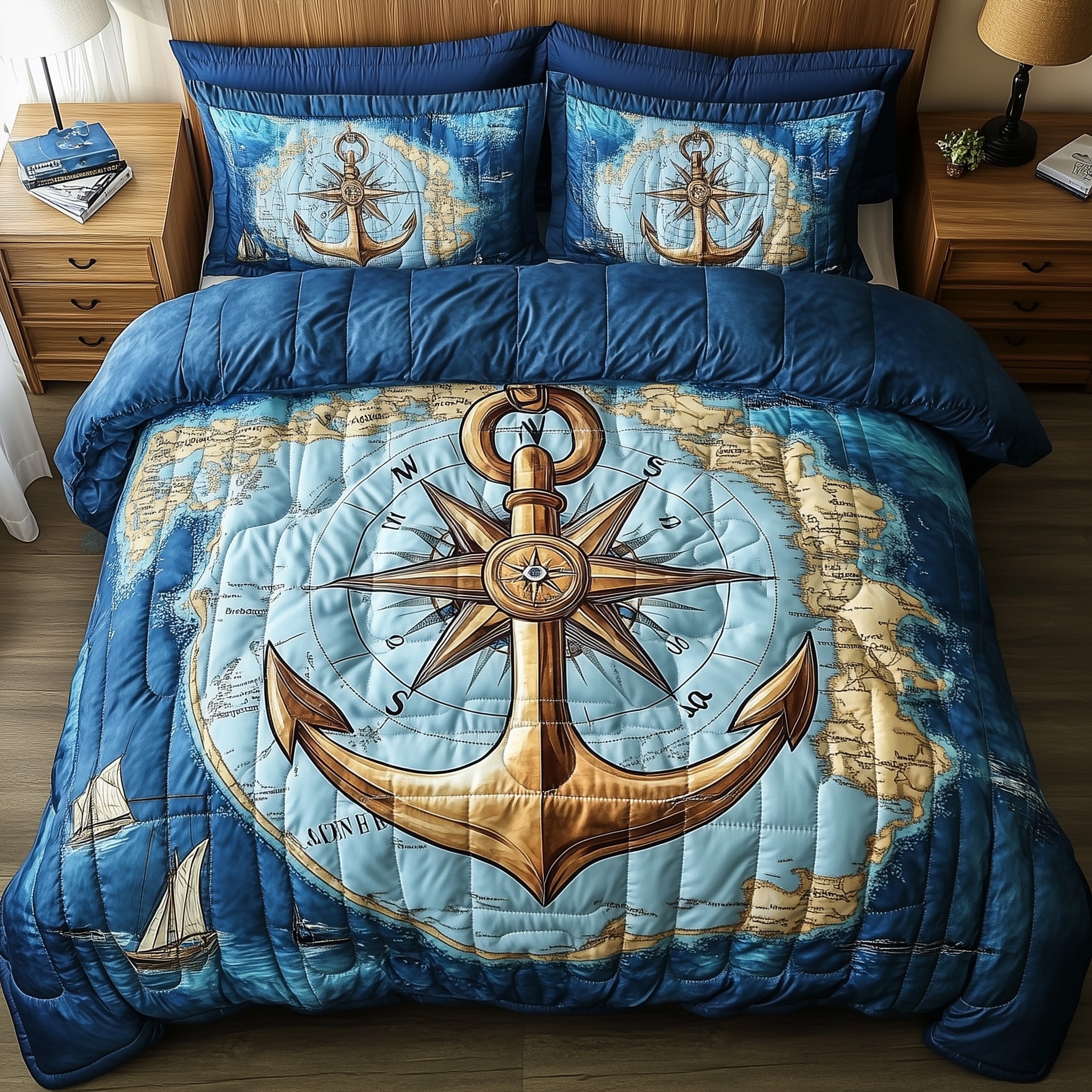 Nautical Anchor Quilted Bedding Set Ship Anchor Compass Design Seaside Theme Bedding