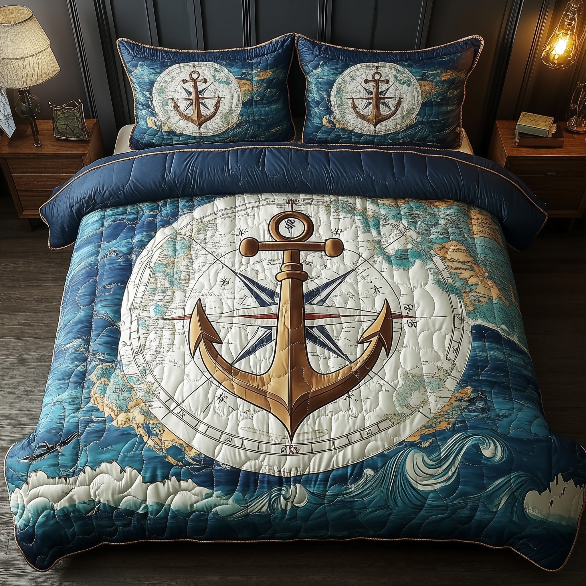 Nautical Anchor Quilted Bedding Set Ship Anchor Compass Design Seaside Theme Gifts