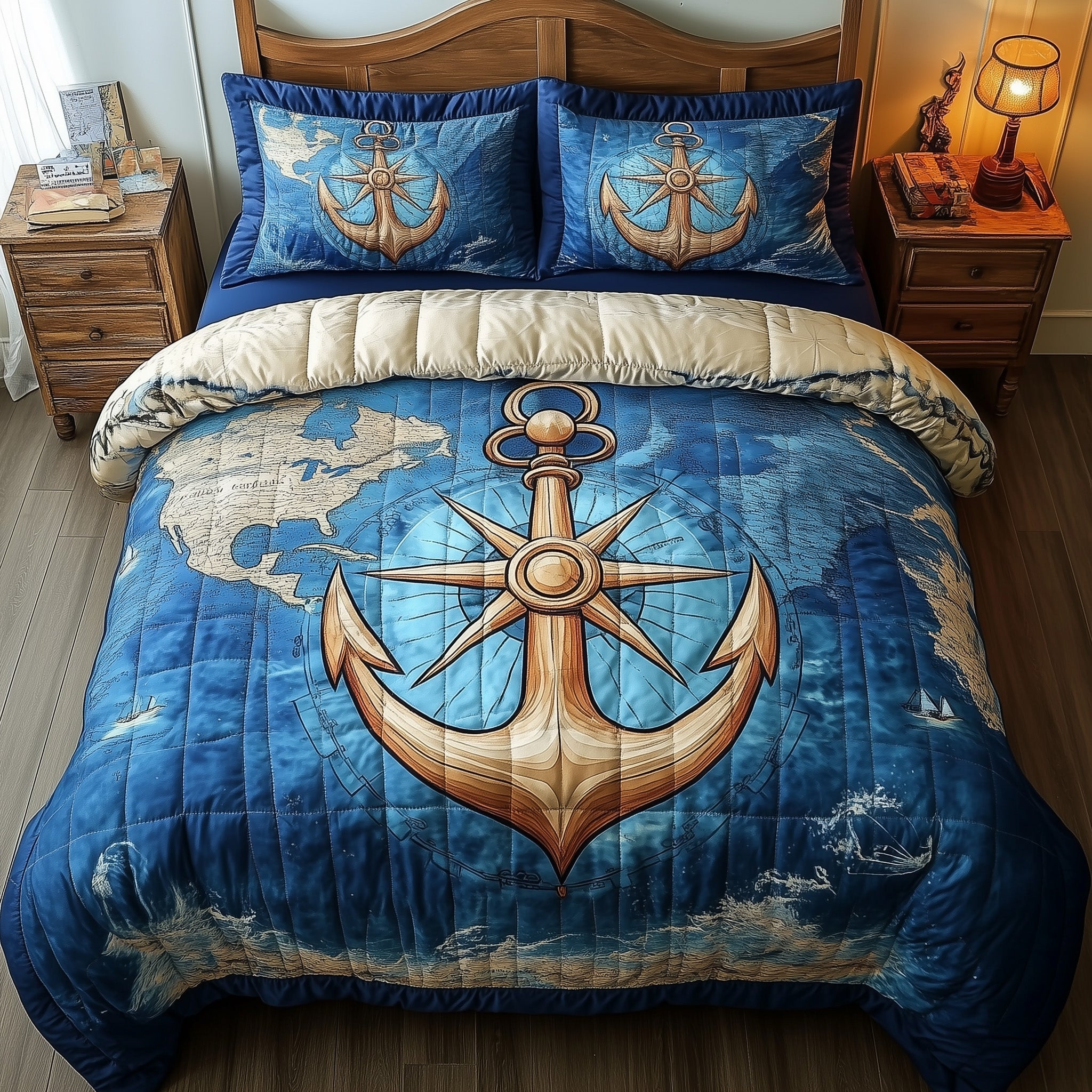 Nautical Anchor Quilted Bedding Set Ship Anchor Compass Illustration Best Bedding Gifts