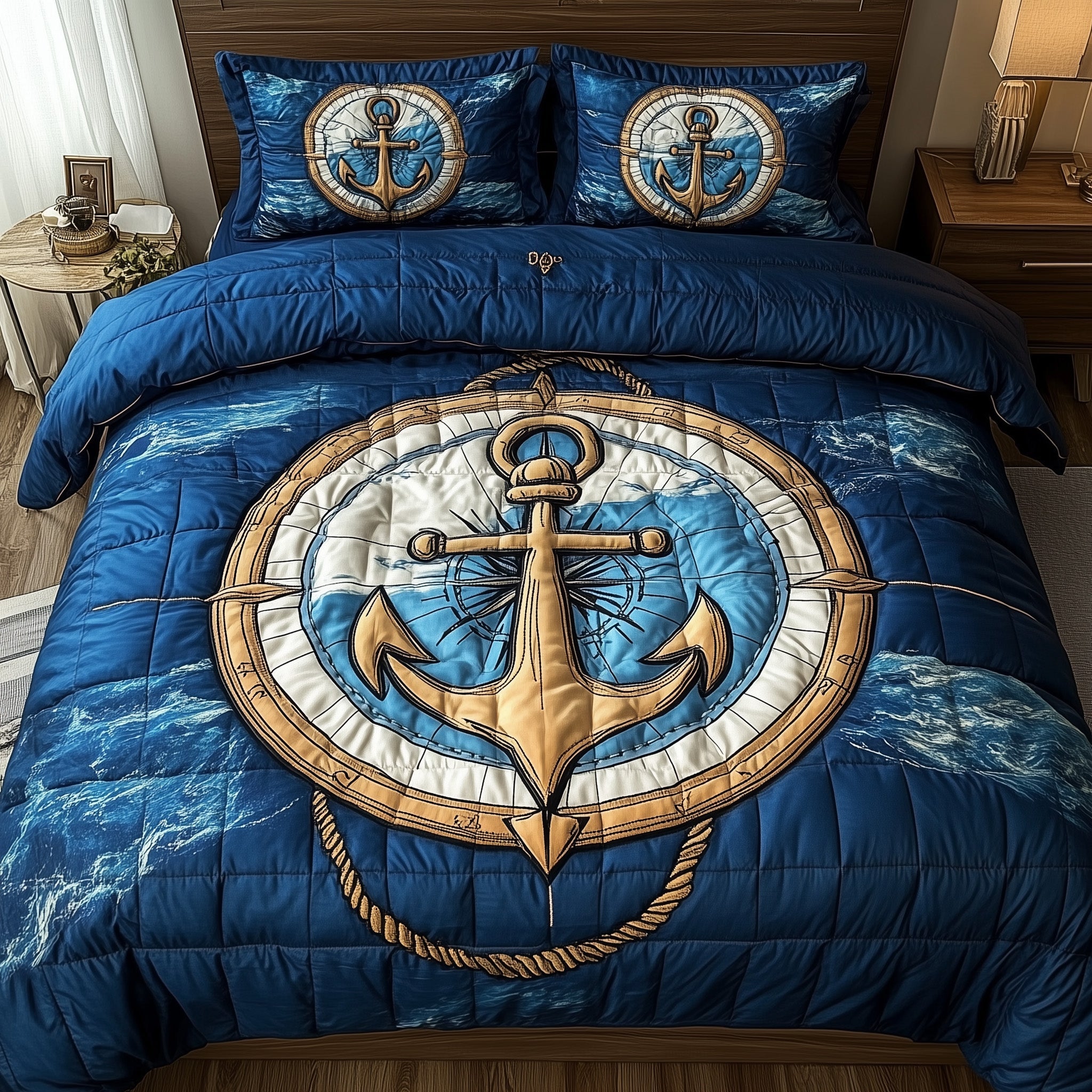 Nautical Anchor Quilted Bedding Set Ship Anchor Compass Illustration Decorative Navy Gifts