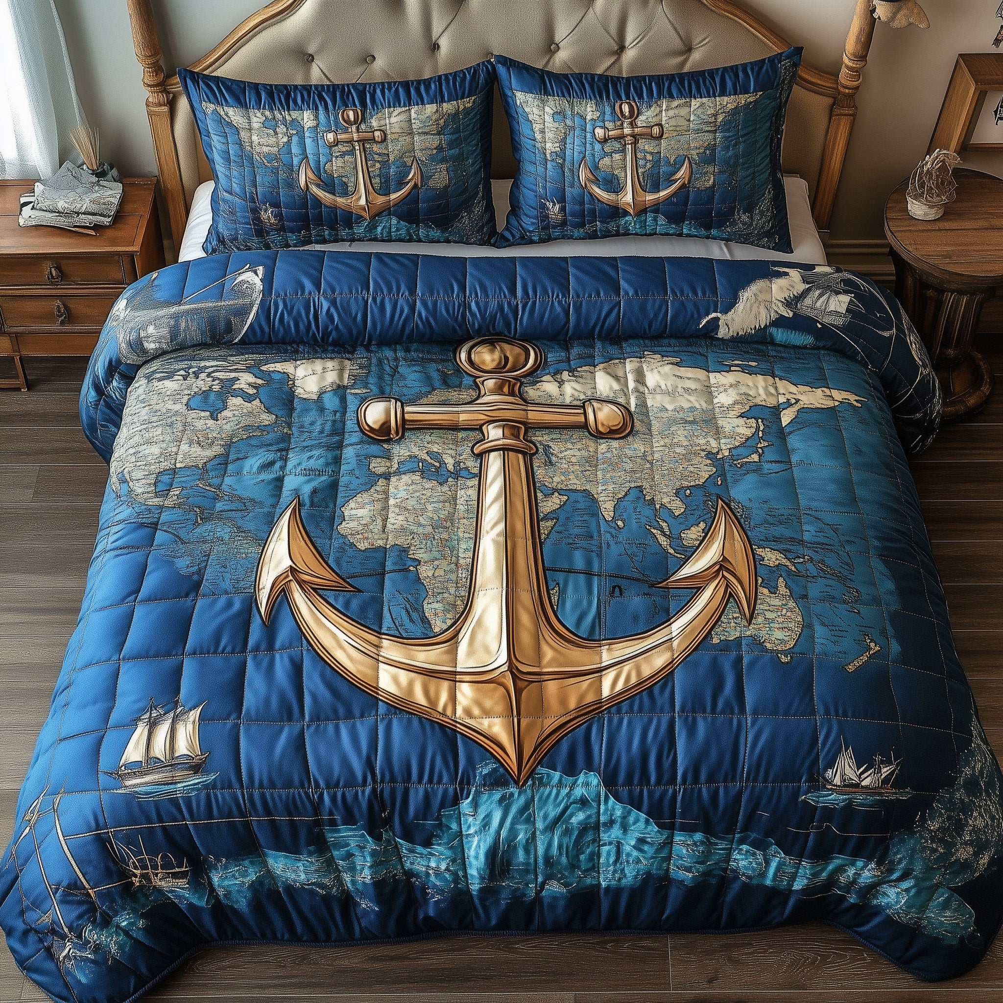 Nautical Anchor Quilted Bedding Set Ship Anchor Compass Theme Best Bedding Gifts Ideas