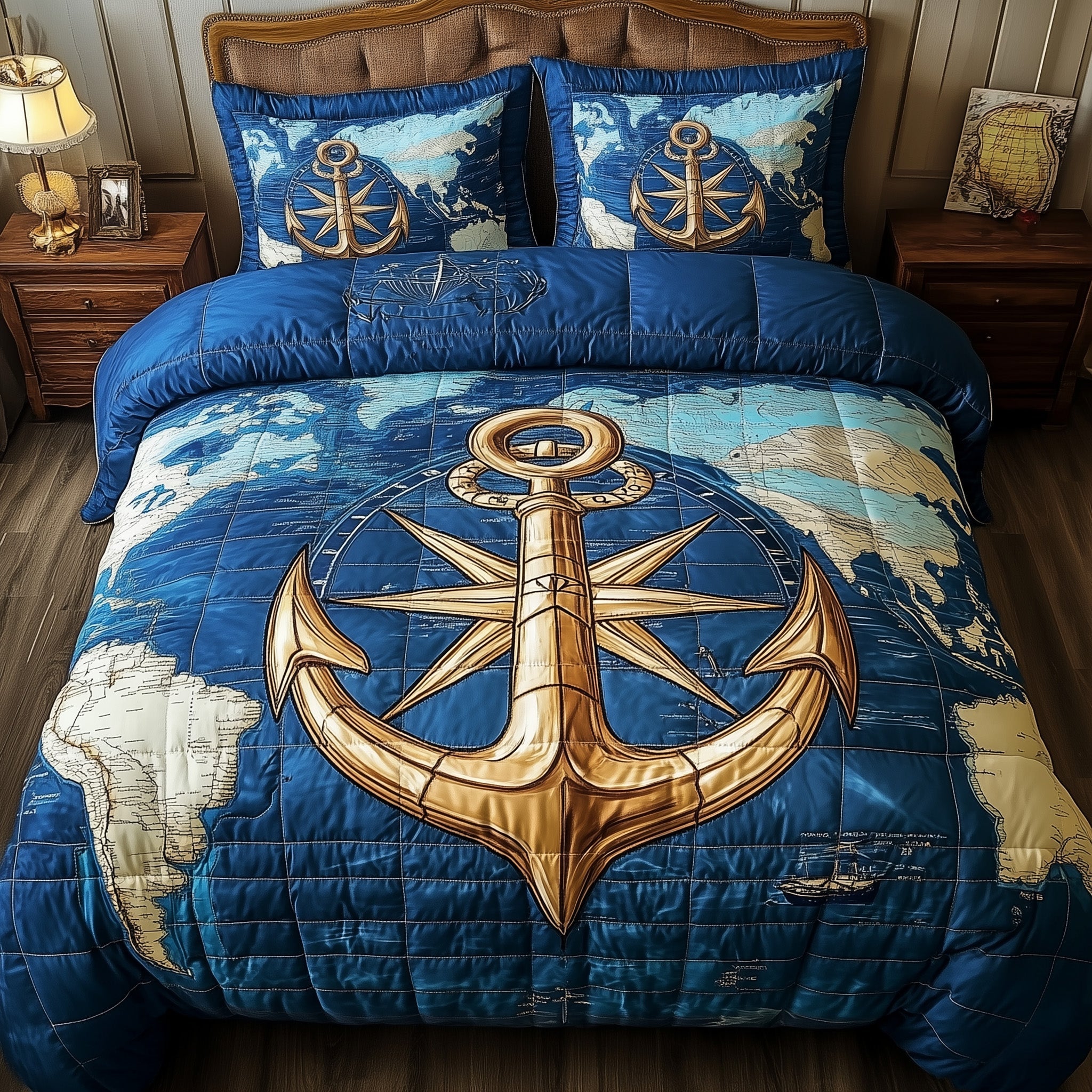 Nautical Anchor Quilted Bedding Set Ship Anchor Compass Theme Seaside Illustration Bedding