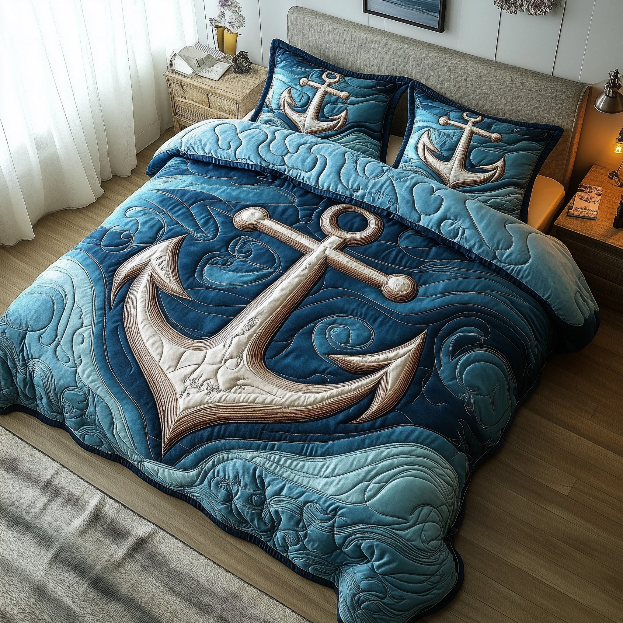 Nautical Anchor Quilted Bedding Set Ship Anchor Illustration Sea Lover Gifts