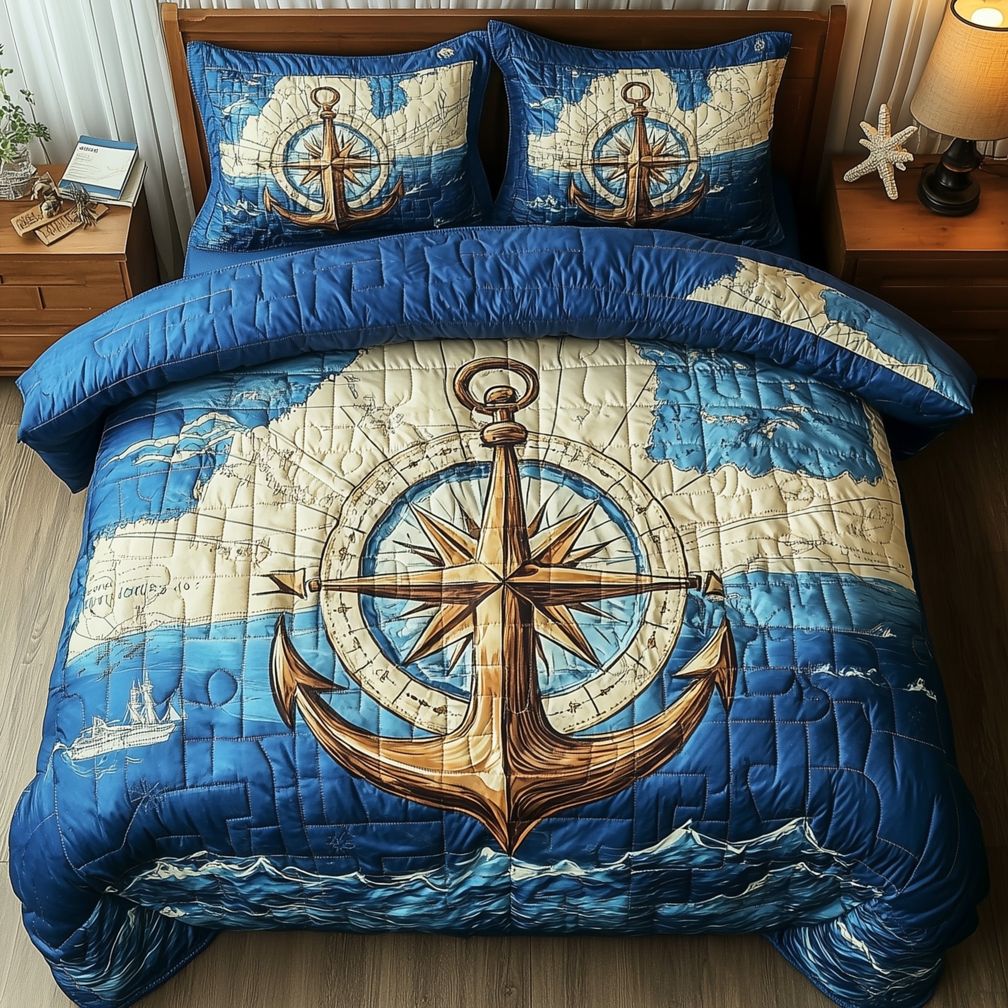 Nautical Anchor Quilted Bedding Set Ship Anchor World Compass Design Seaside Theme Gift Ideas